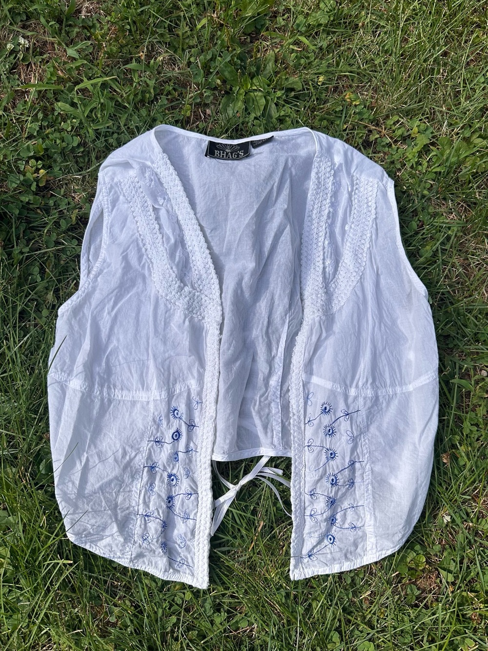 90’s Style Cotton Vest with White Embroidered Open Front & Back Corset Women's
